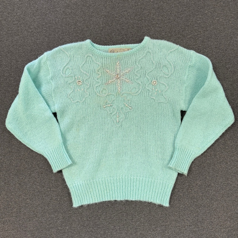 Vintage Andene Knit Sweater Womens Medium Mint Green Good Pearl Embellished